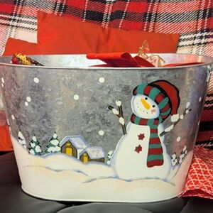 Holiday Time Snowman Tin - With Handles- Hand painted